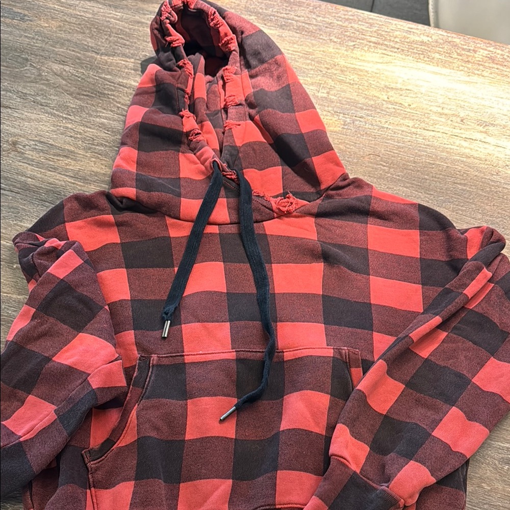 NSF Red and Black Plaid Distressed Hoodie